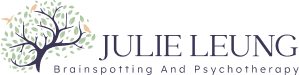 A logo for Julie Leung Brainspotting and Psychotherapy featuring a stylized tree with green leaves and small birds, alongside the name "Julie Leung" in an elegant serif font, with "Brainspotting and Psychotherapy" written below in a modern sans-serif typeface.
